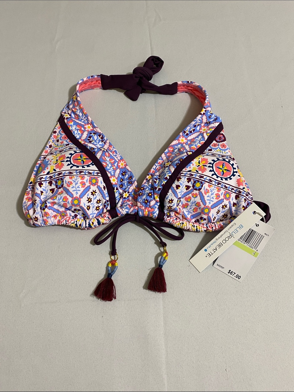 BLEU ROD BEATTIE Floral Pattern Triangle Bikini Top w Tassels Women's Size 4